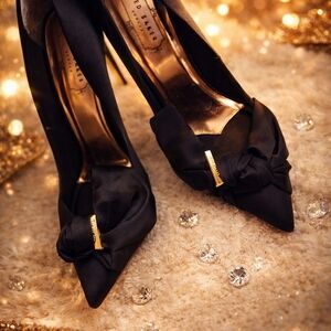 Ted Baker London Black Satin Heels with Gold Accents